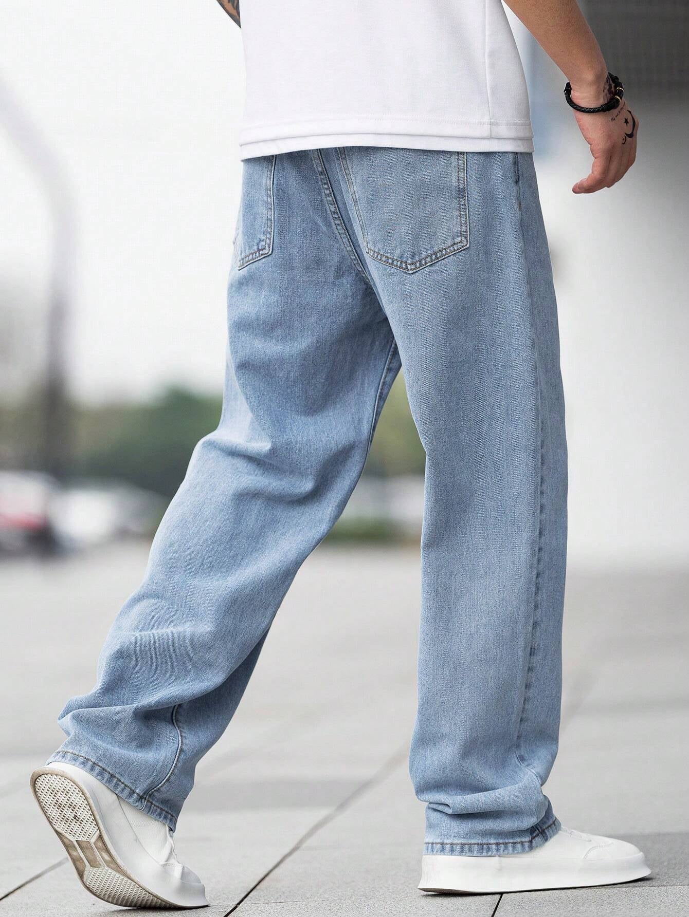 Manfinity Hypemode Loose Fit Men'S Cotton Jeans with Slant Pockets Baggy Long Washed Skater Jean Cargo Plain Light Blue Going Out Y2K Friends